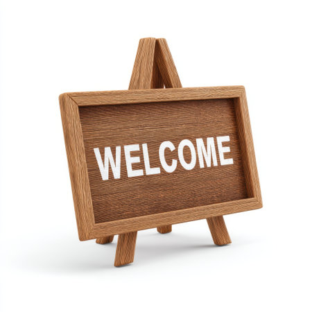 A charming rustic welcome sign featuring white letters on a textured wooden surface, ideal for enhancing hospitality in various settings such as homes and offices.の素材