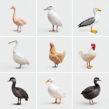 Capture a diverse collection of nine birds arranged artfully in a grid format, showcasing their unique features against a soft gray backdrop, perfect for various creative projects.の素材
