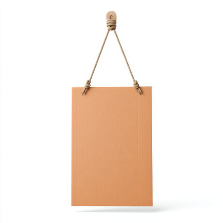 A blank orange cardboard sign hanging by twine, perfect for creative projects, advertising, or decorating various spaces. Ideal for showcasing messages or art.の素材