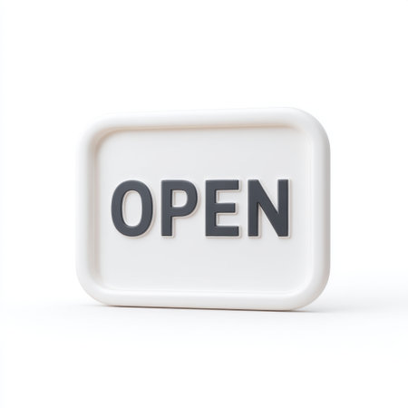 This image features a simple white open sign with bold black lettering, perfect for attracting attention to businesses. Ideal for storefronts and retail promotion.の素材