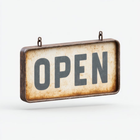 This vintage open sign features rustic edges and a simple design, perfect for cafes and shops to invite customers, add charm and style to any entrance.の素材
