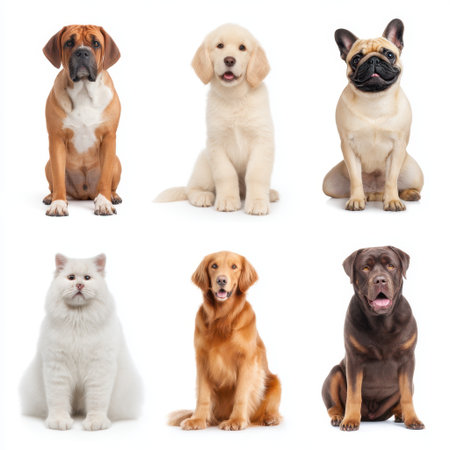 A charming display of diverse dogs and cats arranged in a neat pose, showcasing their unique traits and expressions, ideal for animal-themed projects and marketing.の素材