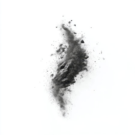 This stunning abstract image showcases a black powder explosion, illustrating dynamic movement against a clean white background, perfect for creative projects and artistic expressions.の素材