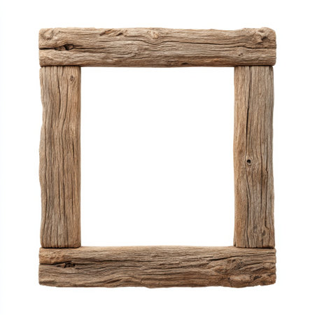 A rustic wooden frame stands alone against a white background, offering a natural aesthetic ideal for showcasing photography or artwork in home decor.の素材