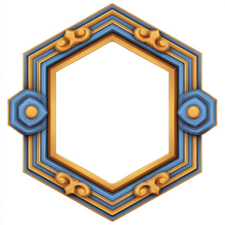 This decorative hexagonal frame features intricate blue and gold designs, perfect for showcasing art or text in various creative projects and decorative themes.の素材