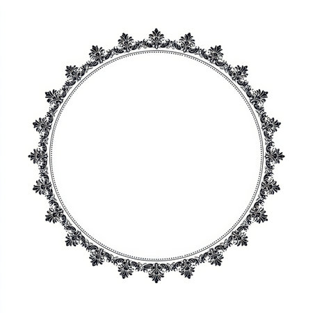 This elegant vintage circular frame features intricate black floral patterns, ideal for artistic backgrounds, invitations, or decorative projects. Its timeless design adds sophistication.の素材