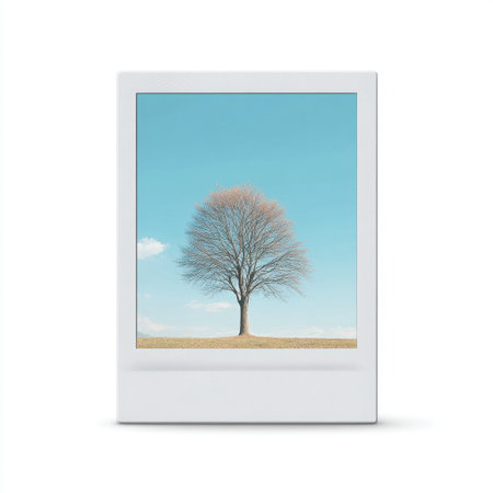 A striking photograph of a solitary tree set against a bright blue sky, framed in a minimalist Polaroid design, representing peacefulness and natural beauty.の素材