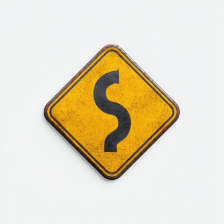 This image features a weathered yellow warning sign with a black wavy line, symbolizing curves, providing a clear alert for drivers about upcoming road changes.の素材