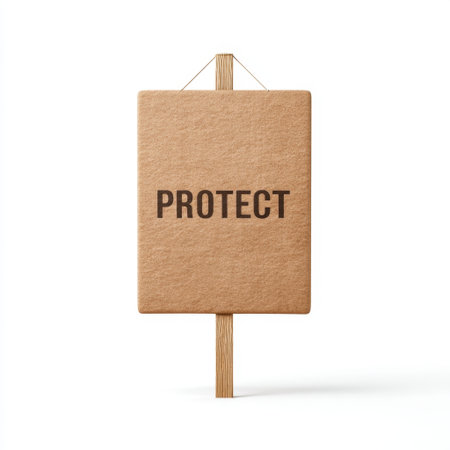 A stylish minimalist cardboard sign displayed on a wooden post features the word "PROTECT," perfect for conveying messages of safety and care in modern environments.の素材