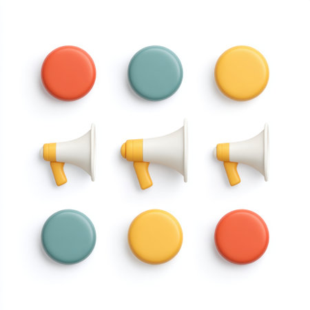 This image features a vibrant arrangement of megaphones and colorful buttons, symbolizing communication and marketing concepts. Ideal for creative projects and promotions.の素材