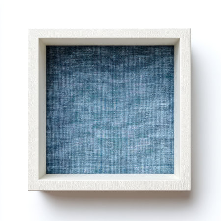 This image features a white-framed square display box with a textured blue interior, ideal for displaying art or personal collections in contemporary interiors.の素材