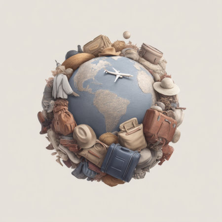 This captivating image features a globe surrounded by an array of travel gear, symbolizing the excitement and adventure of global exploration and diverse experiences.の素材