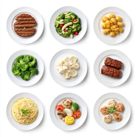 This composition showcases a variety of well-presented dishes on white plates, featuring an array of colorful and nutritious ingredients for culinary enjoyment.の素材