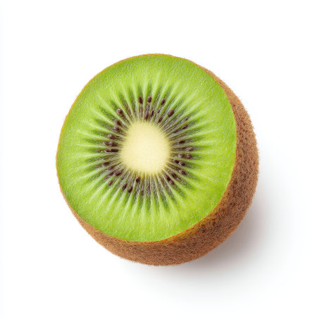 A vibrant kiwi fruit half showcases its bright green interior and rich texture, perfect for food photography, wellness themes, or healthy lifestyle visuals.の素材