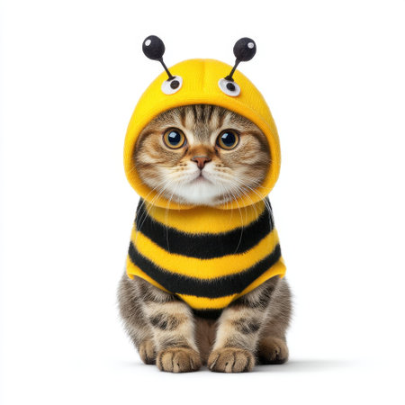 This charming cat wears a playful bee costume that adds a whimsical touch, showcasing its adorable personality. A perfect image for pet lovers and humor enthusiasts.の素材