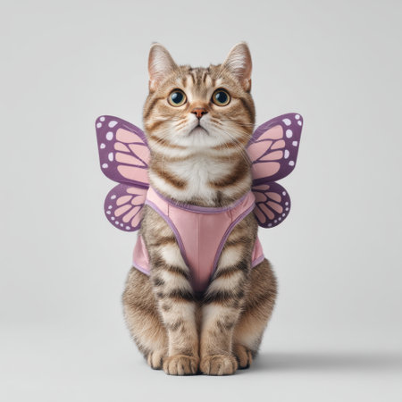 A charming cat poses elegantly in a pink butterfly costume, showcasing its playful spirit. This enchanting image captures the whimsy and joy of feline friends.の素材