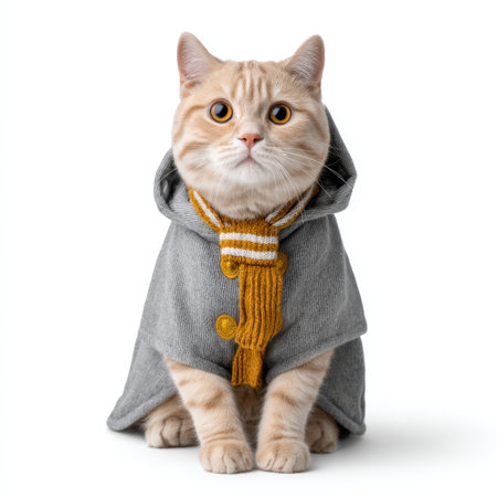 A cute ginger cat sporting a cozy gray hoodie and a striking yellow scarf poses adorably, showcasing its playful personality and unique style in a lovely indoor setting.の素材