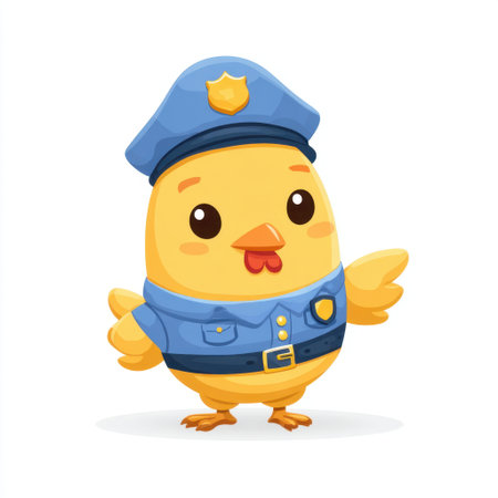 This charming cartoon chick in a police uniform features a bright blue hat and a friendly expression. Ideal for children's themes, stories, and educational content.の素材