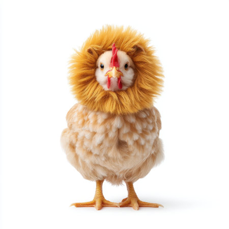 A quirky chicken showcasing a fluffy mane that mimics a lion, creating a playful and amusing visual. This unique farm animal portrait delights and inspires creativity.の素材