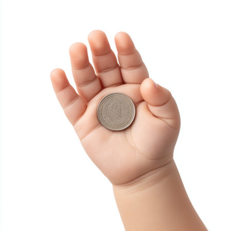 A close-up of a child's hand gently holding a coin, symbolizing innocence and the importance of teaching financial values from a young age in a minimalist design.の素材