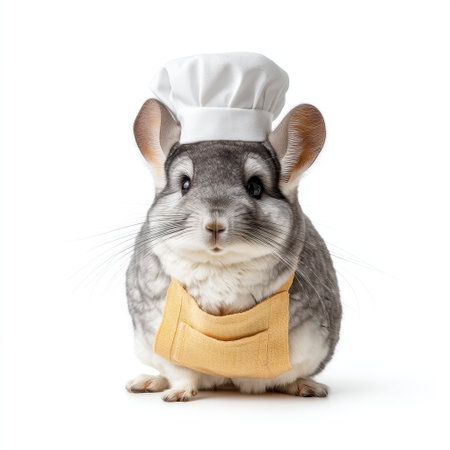 An endearing chinchilla dressed as a chef, wearing a white hat and yellow apron. Perfect for illustrating culinary creativity and playful pet themes in photography.の素材