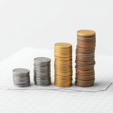 A visually engaging representation of stacked coins of various materials, symbolizing financial growth, savings and investment strategies in a clean and simple environment.の素材