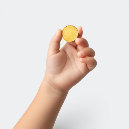 A close-up of a hand displaying a single gold coin, set against a clean, minimalist background. This image represents themes of wealth, investment, and financial opportunities.の素材