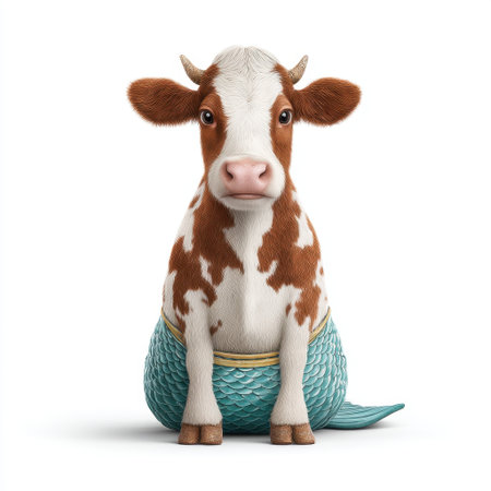 This whimsical artwork features a cow styled with mermaid elements, blending land and sea. It's a playful and unique depiction perfect for creative projects.の素材