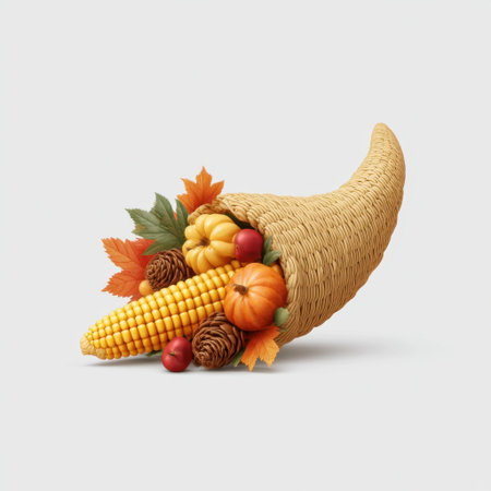 A vibrant cornucopia brimming with seasonal bounty showcasing pumpkins, corn, and autumn leaves, perfect for festive Thanksgiving decorations or gatherings.の素材