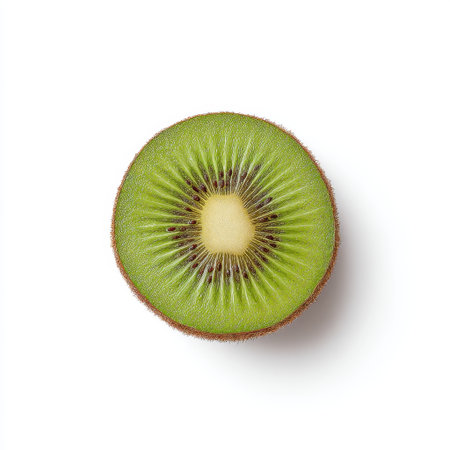 This image showcases a perfectly sliced kiwi fruit, revealing its vibrant green flesh and tiny seeds, ideal for promoting healthy eating and fresh fruit concepts.の素材
