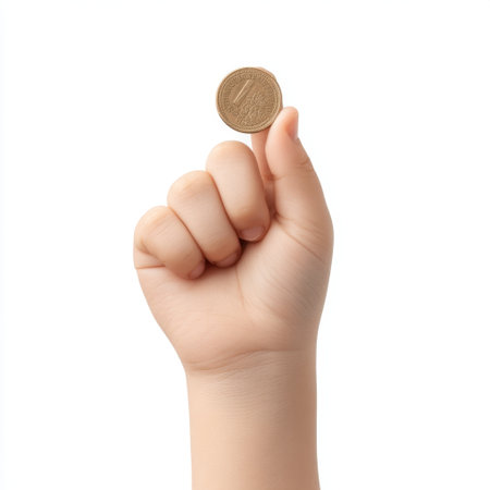 A close-up view of a hand holding a golden coin with a small value symbol. This image captures moments of currency exchange, financial concepts, and the essence of money management.の素材