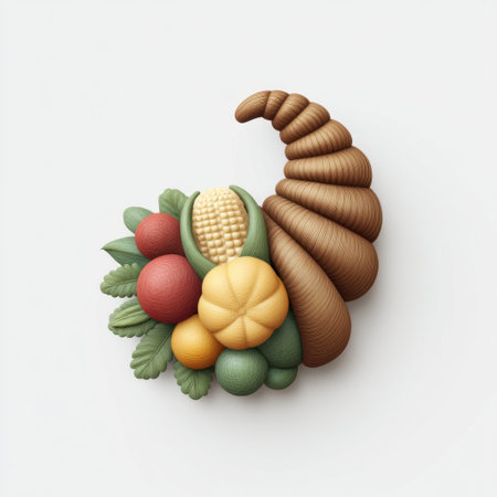 This stylish cornucopia decoration features a variety of fruits and vegetables, highlighting the beauty of nature and the joy of the harvest season in a unique artistic style.の素材
