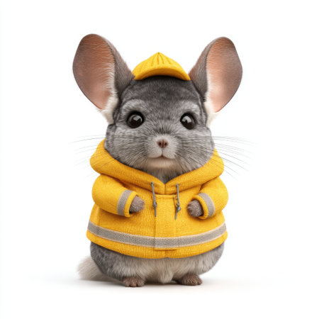 This adorable chinchilla captures hearts with its fluffy gray fur and bright yellow hoodie. Ideal for projects related to pets, children, or whimsical themes.の素材