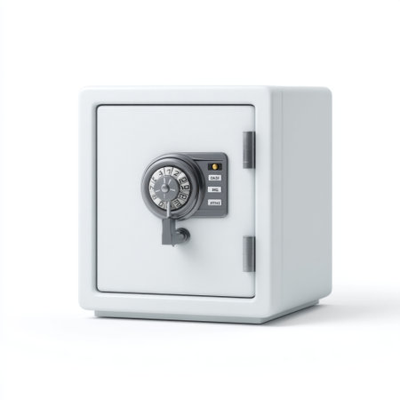 A sleek white safe featuring a combination lock and numeric keypad, perfect for securing important documents and valuables in stylish and modern settings.の素材