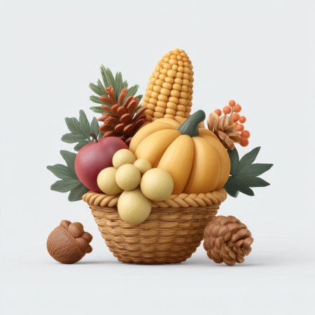 Vibrant autumn harvest basket featuring a variety of fruits and vegetables like pumpkins and corn, complemented by natural elements for a cozy seasonal feel.の素材