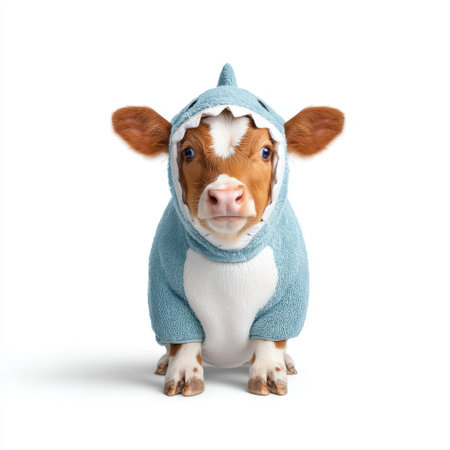 A charming calf donning a playful shark costume, showcasing a lively spirit against a minimalistic white backdrop. Perfect for fun animal themes.の素材