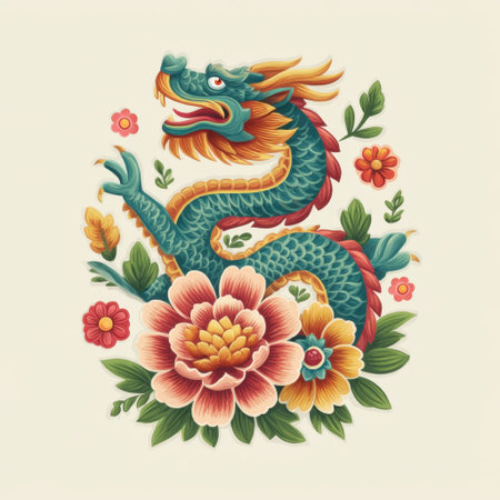 Enchanting illustration of a colorful dragon intertwined with vibrant flowers, blending mythical themes with nature's beauty in a striking traditional art style.の素材