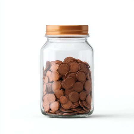 A clear glass jar filled with copper coins, symbolizing savings and financial planning. The minimalist design enhances the focus on money management and wealth accumulation.の素材