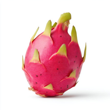 This striking pink dragon fruit, with its unique green spikes, stands out against a clean white background. Perfect for promoting healthy eating and exotic cuisine.の素材