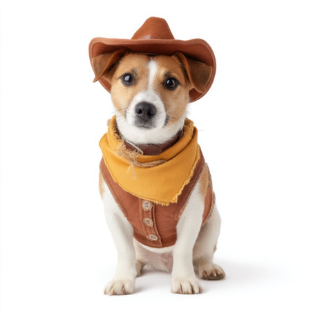 This charming dog dressed as a cowboy brings joy and humor to any project. The playful pose and vibrant outfit highlight a fun pet personality, perfect for marketing.の素材