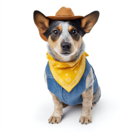 This delightful dog wearing a cowboy hat and bandana captures the essence of fun pet photography. The charming expression and denim outfit make it a perfect portrait for animal lovers.の素材