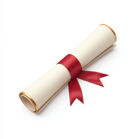 This image features an elegant diploma scroll adorned with a crimson ribbon and golden accents, representing the achievement of educational success and graduation.の素材