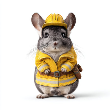 This adorable chinchilla dressed in bright yellow safety gear radiates joy and charm, making it a perfect character for creative projects and whimsical themes.の素材