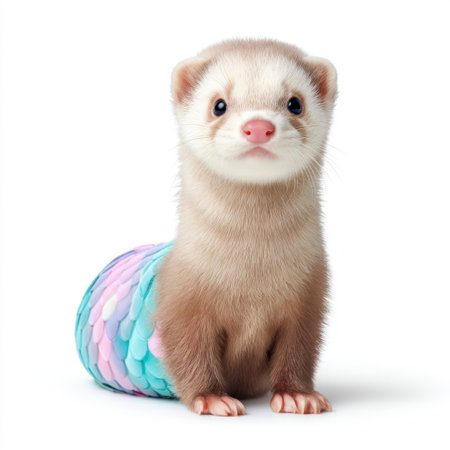 This captivating image features an adorable ferret dressed in a colorful scale-themed costume, showcasing its playful personality in a whimsical setting.の素材
