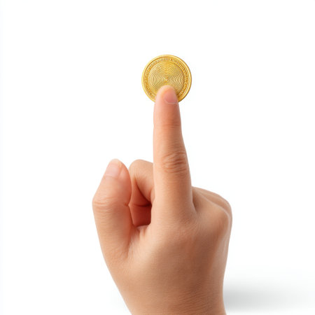 A close-up image of a hand skillfully balancing a gold coin on a finger, representing financial growth, investment, and wealth in a minimalist setting.の素材