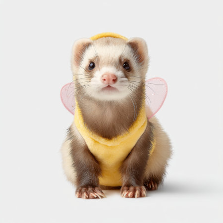 This whimsical image features a charming ferret wearing a yellow outfit complete with pink wings. Perfect for capturing playful moments, this photograph evokes joy and creativity.の素材