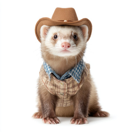 This charming ferret wearing a cowboy hat and cute western shirt captures hearts with its playful expression, showcasing a delightful fusion of fashion and personality.の素材