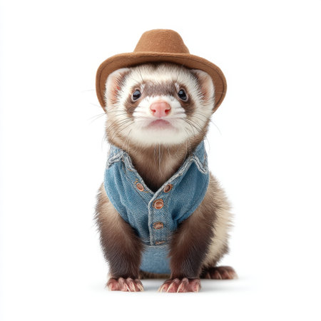 This charming portrait features an adorable ferret dressed in a denim vest and cowboy hat, combining whimsy with cuteness for perfect animal-themed projects.の素材
