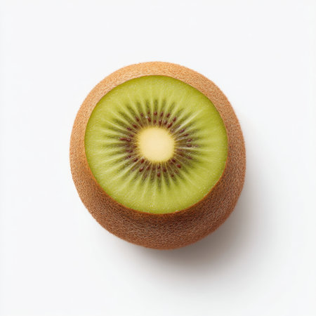 A beautiful, fresh kiwi fruit cut in half highlights its vibrant green flesh and unique texture, perfect for smoothies, snacks, and healthy recipes.の素材