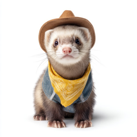 This charming image features a playful ferret dressed in a cute cowboy hat and bandana, radiating joy and whimsy, perfect for fun and engaging projects.の素材